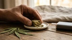 Main tenant résine CBD compacte avec feuilles et vaporisateur