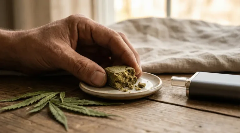 Main tenant résine CBD compacte avec feuilles et vaporisateur