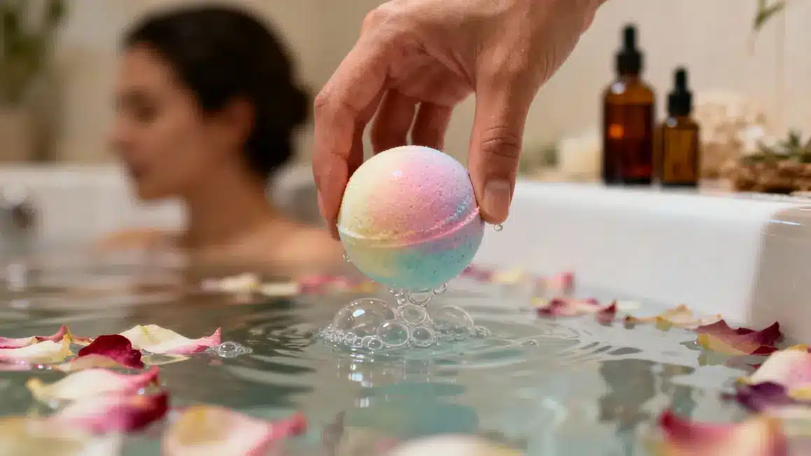 Main déposant bath bomb pétillante dans l'eau avec couleurs et pétales