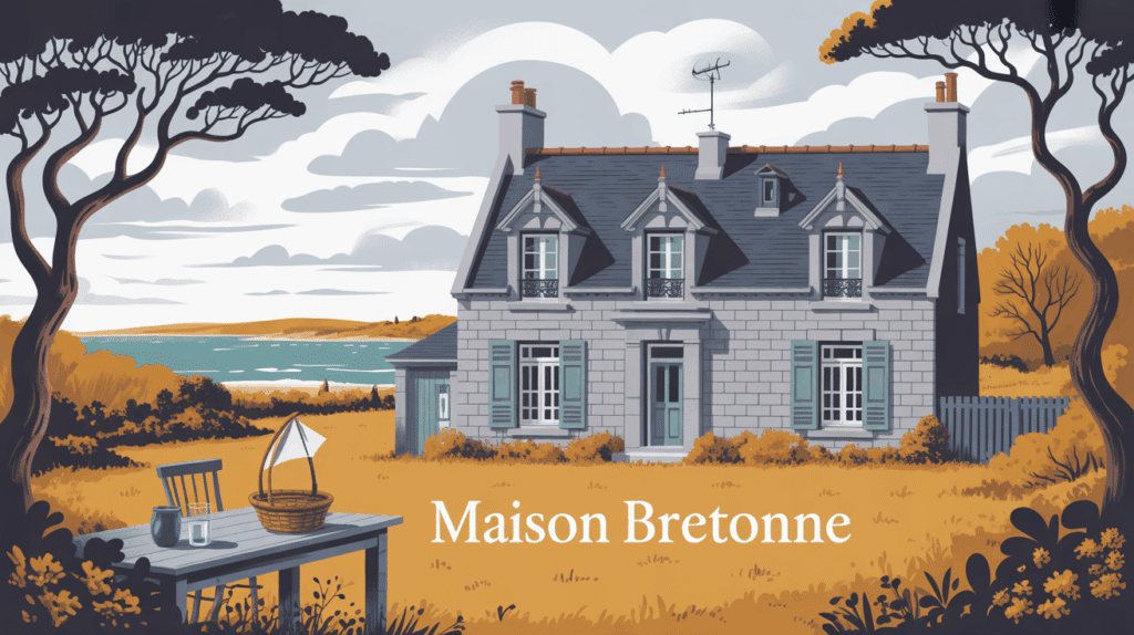 Illustration maison bretonne granit toit ardoise lande mer