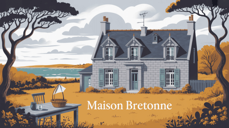 Illustration maison bretonne granit toit ardoise lande mer