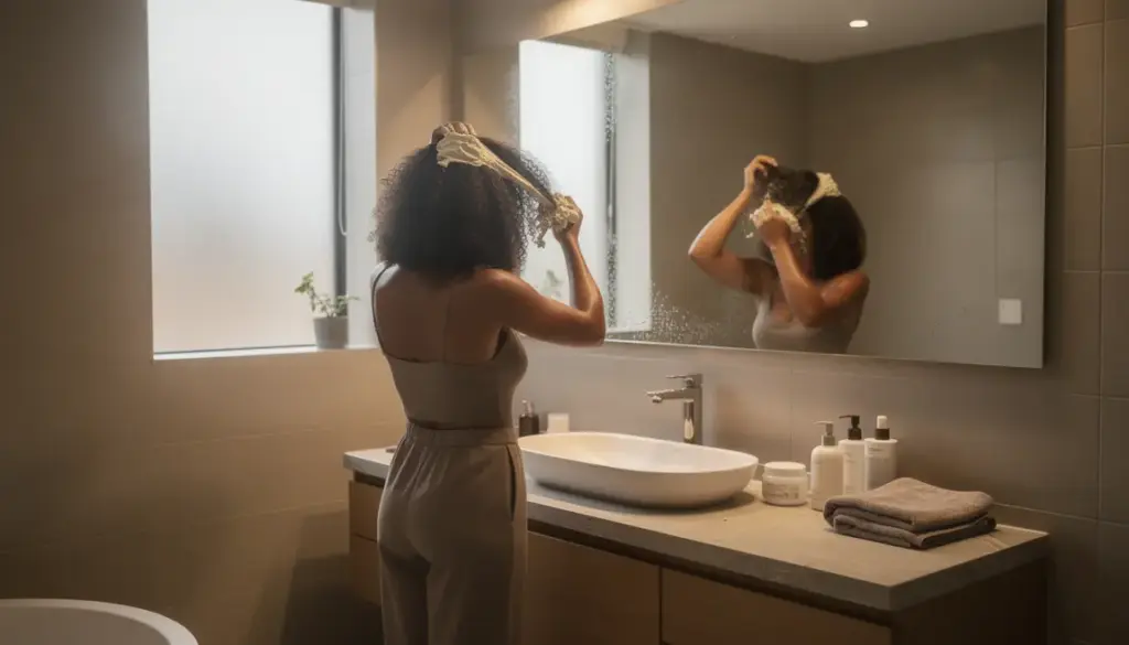 Application masque cheveux frisés dans salle de bain
