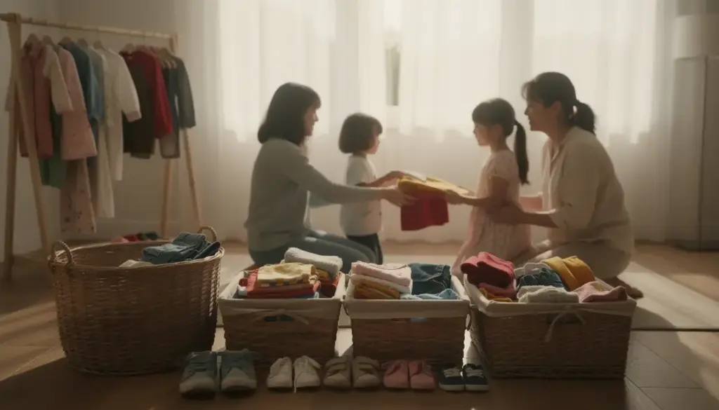 Parents et enfants triant des vêtements, scène d'optimisation et partage