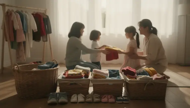 Parents et enfants triant des vêtements, scène d'optimisation et partage