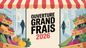 Facade magasin Grand Frais avec clients et paniers fruits legumes