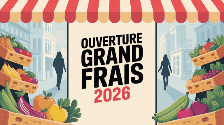 Facade magasin Grand Frais avec clients et paniers fruits legumes