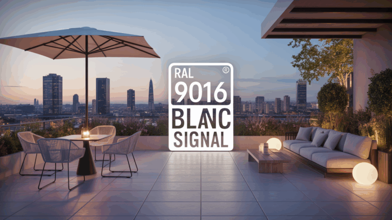 Terrasse urbaine moderne en RAL 9016 Blanc Signal avec supports variés