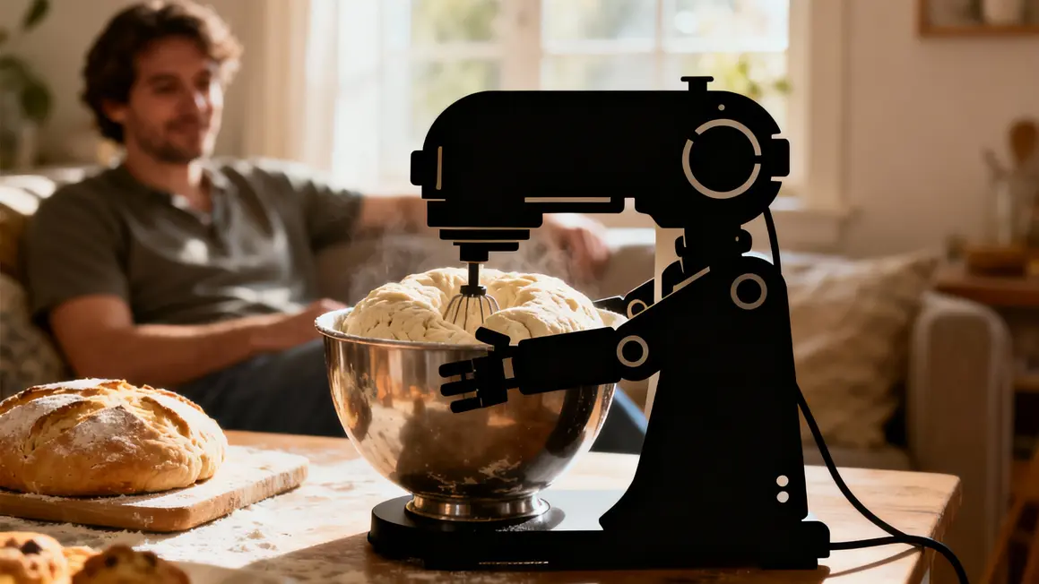 Robot pâtissier en fonctionnement, pâte levée, préparation cuisine organisée