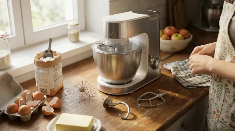 Robot pâtissier moderne et accessoires sur plan de travail, cuisine familiale