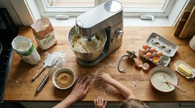 robot pâtissier multifonction inox avec bol et accessoires sur table