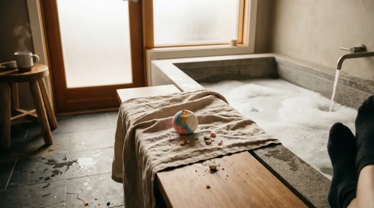 Bombe de bain colorée sur serviette, fragments, ambiance relax