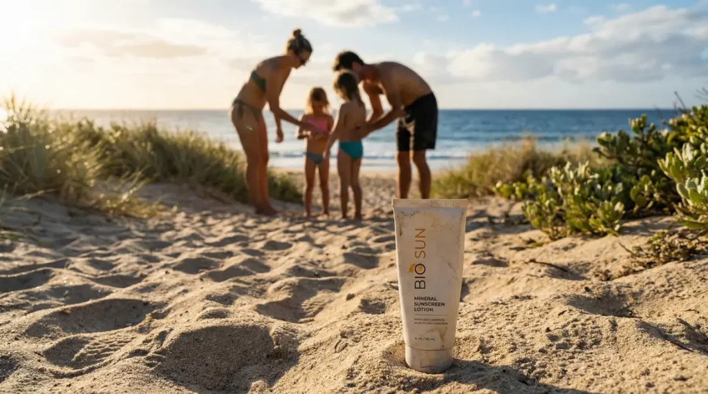 Crème solaire bio sur sable plage été