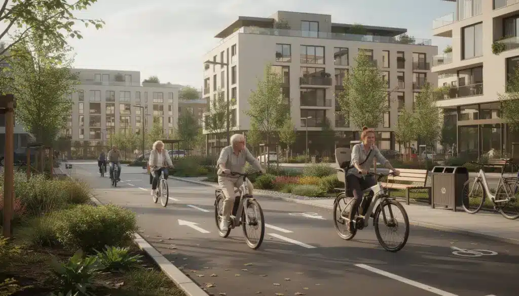 Scène avec vélos électriques modernes sur piste cyclable en 2026