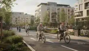 Scène avec vélos électriques modernes sur piste cyclable en 2026