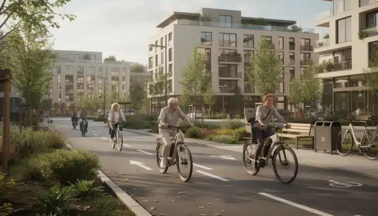 Scène avec vélos électriques modernes sur piste cyclable en 2026