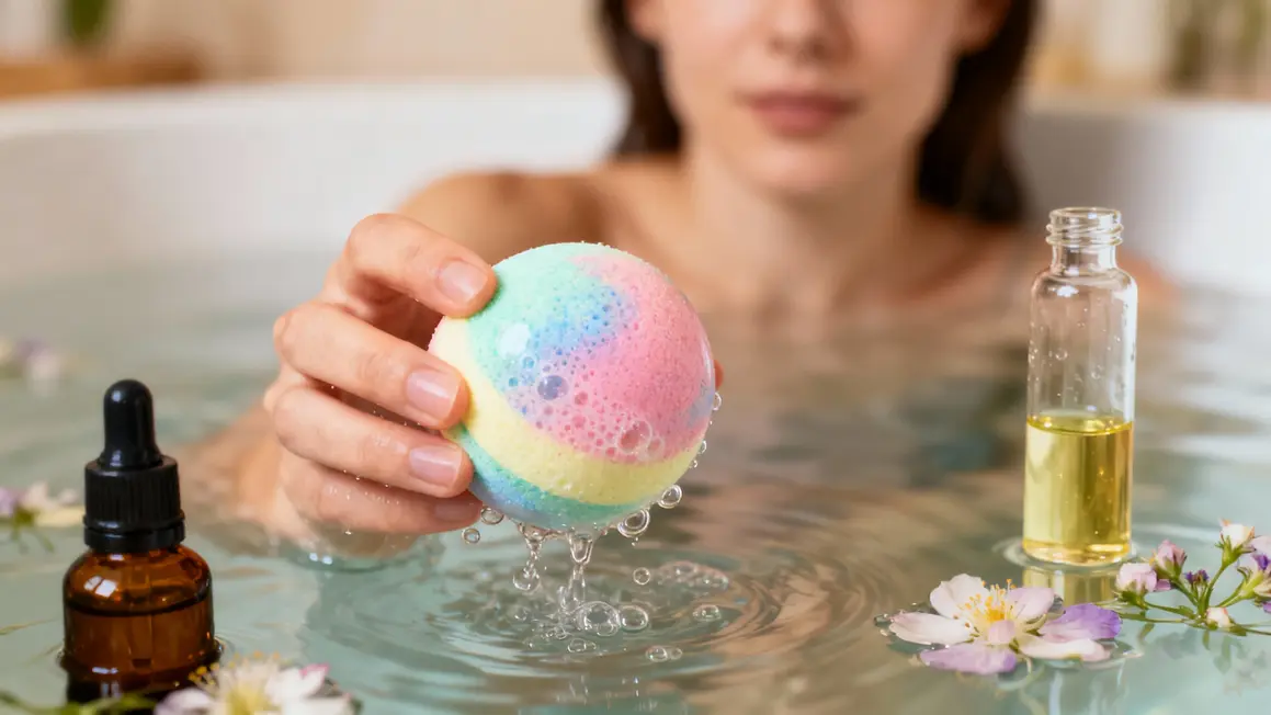 Bombe de bain colorée dans main, fleurs, huiles, bulles, couleurs pastel