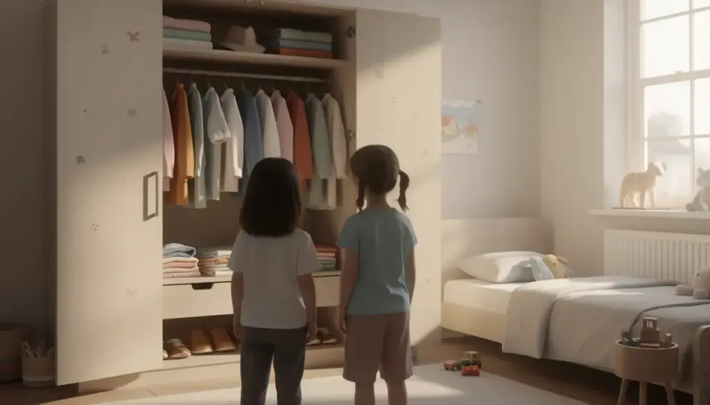 enfants devant placard de vêtements colorés pastels et neutres