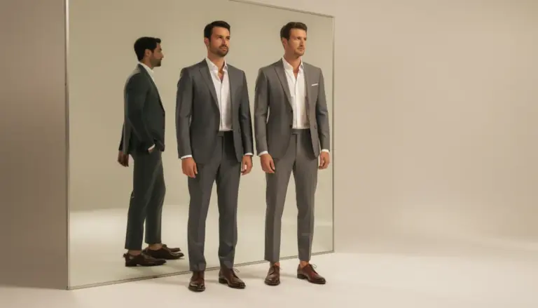 Silhouettes hommes grande taille devant miroir en tenues adaptées