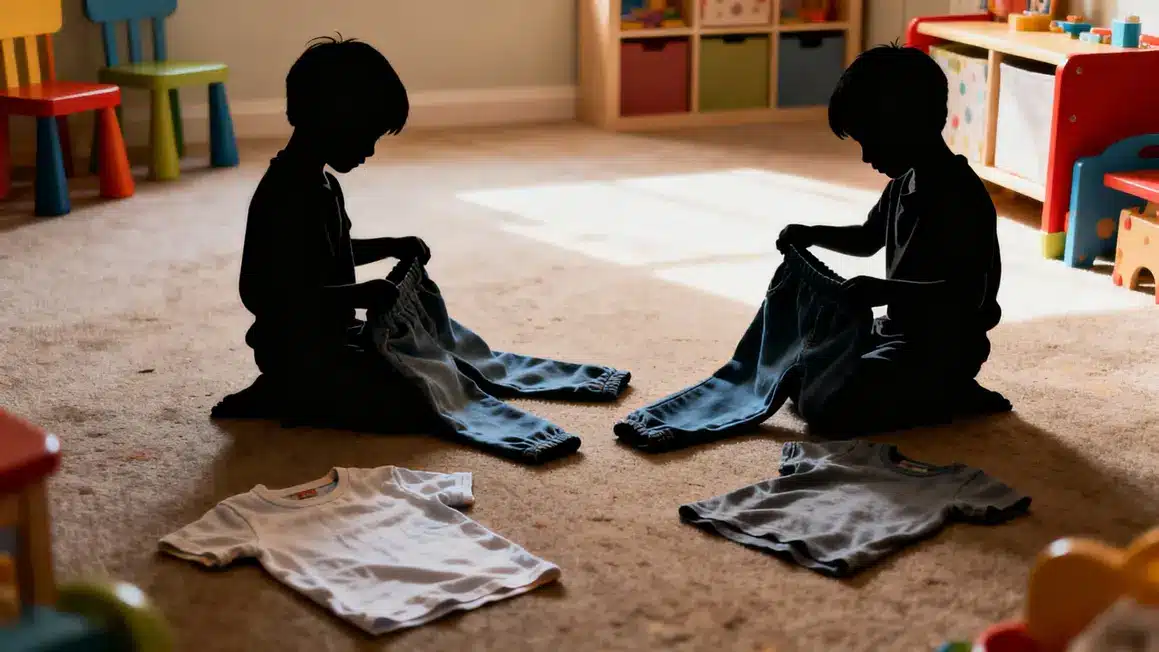 Enfants enfilant vêtements coordination autonomie