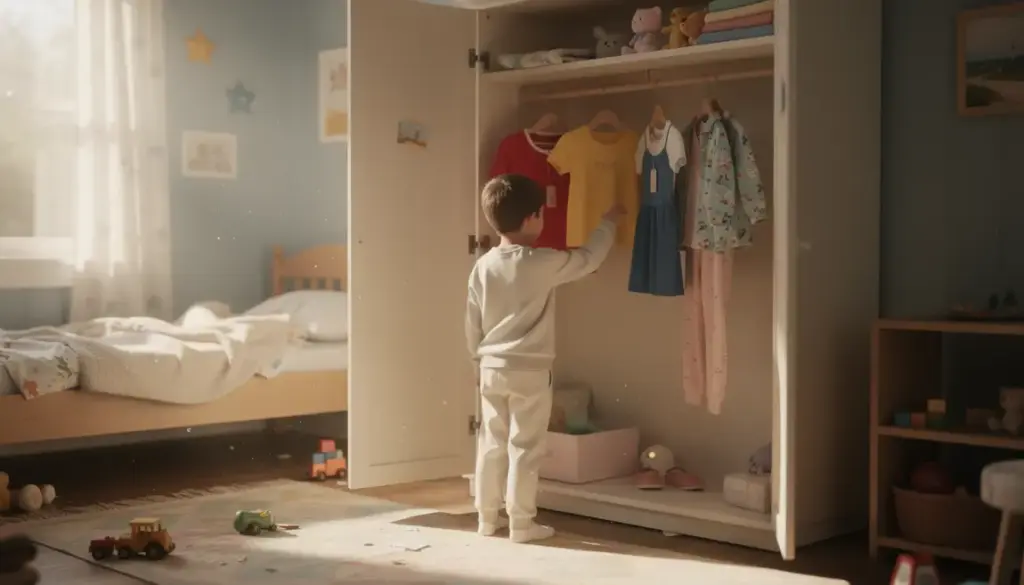 Enfant devant armoire choisit tenue matin autonomie