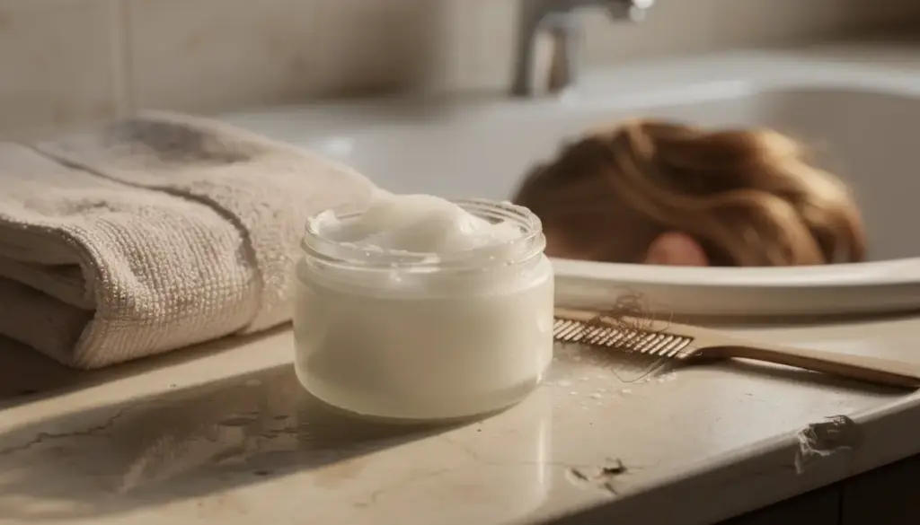 Pot d'huile de coco cheveux sur table salle de bain