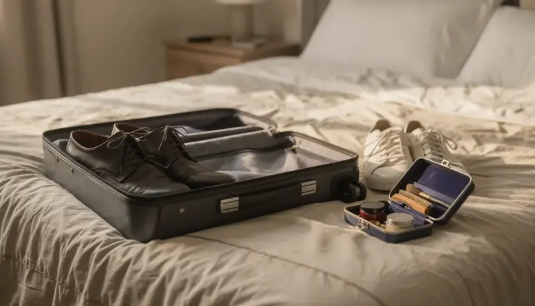 Kit entretien chaussures de voyage sur valise ouverte