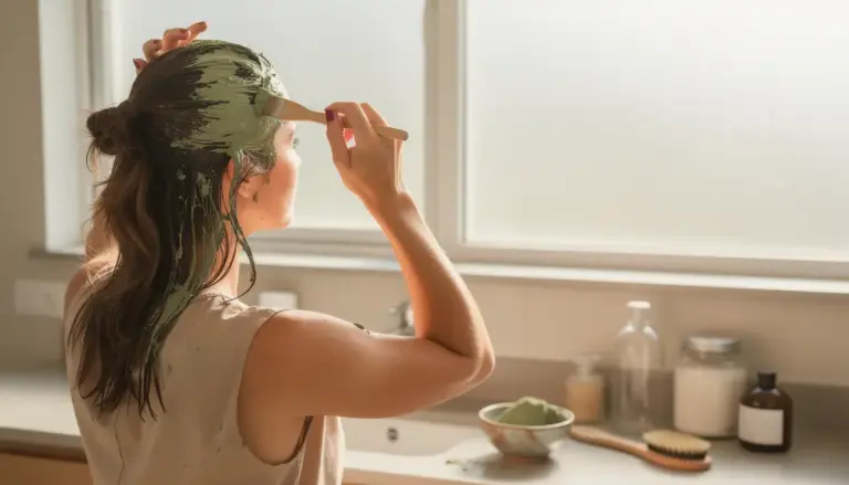femme applique masque argile verte cheveux