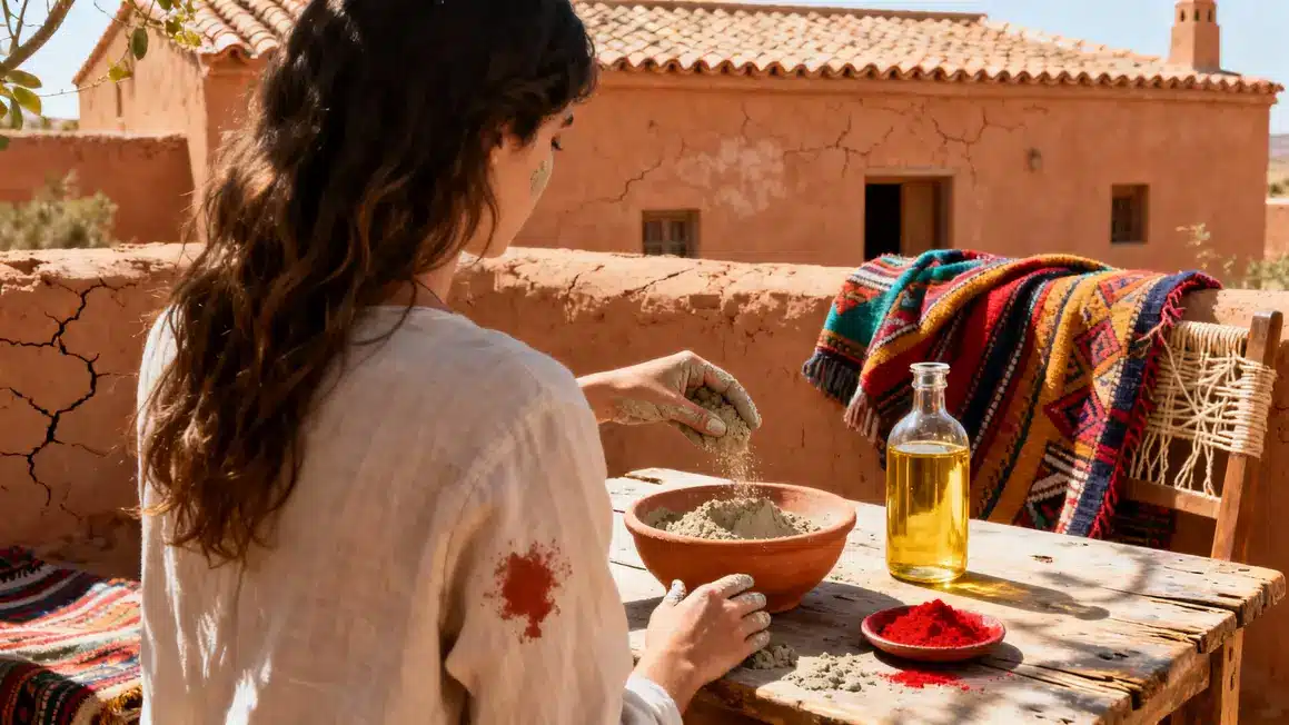 femme prépare masque berbère rhassoul huile poudre origine maroc