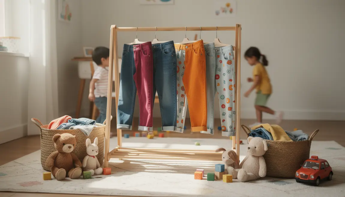 pantalons enfants colorés suspendus chambre