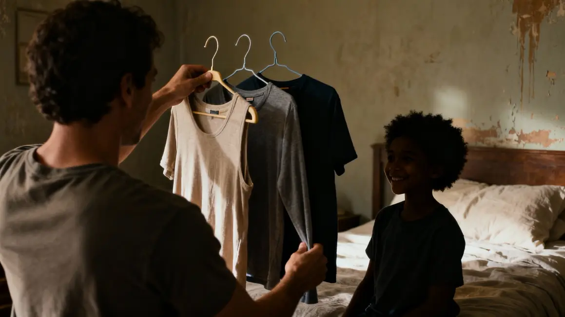Parent présente trois vêtements enfant confiance