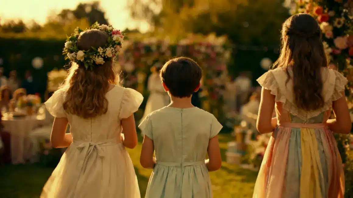 Trois enfants rôles mariage robe demoiselle flower girl