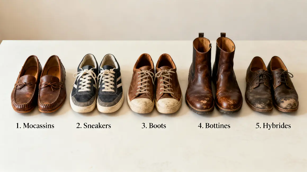 cinq modèles chaussures décontractées homme alignées
