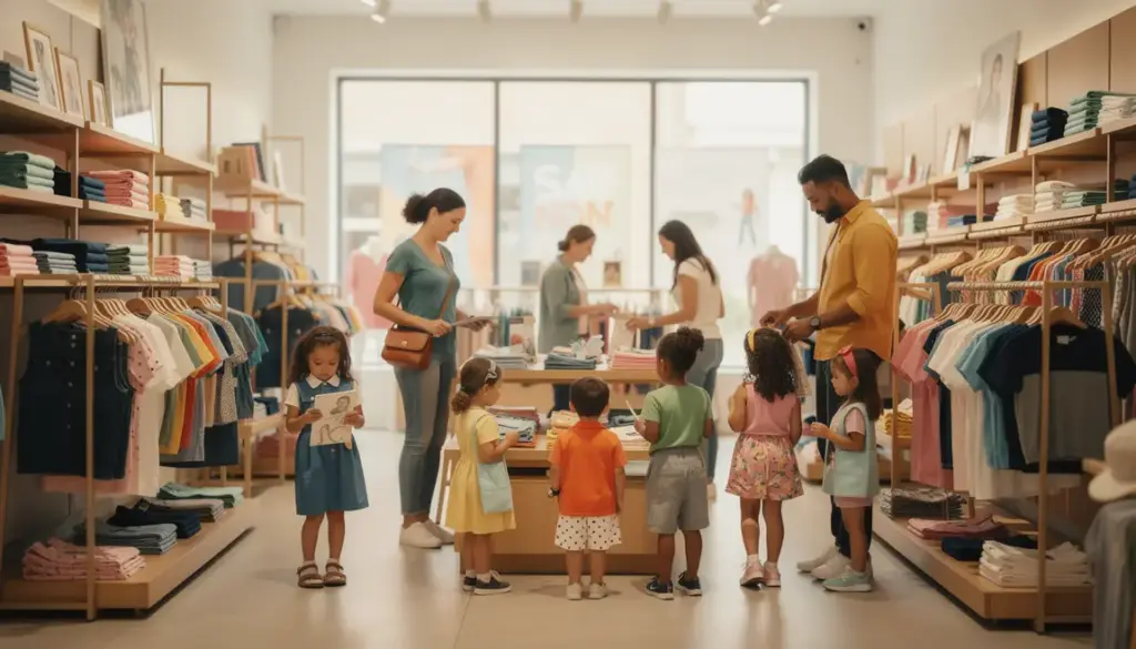 Parents enfants magasin vêtements ambiance chaleureuse rayons colorés