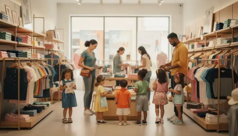 Parents enfants magasin vêtements ambiance chaleureuse rayons colorés
