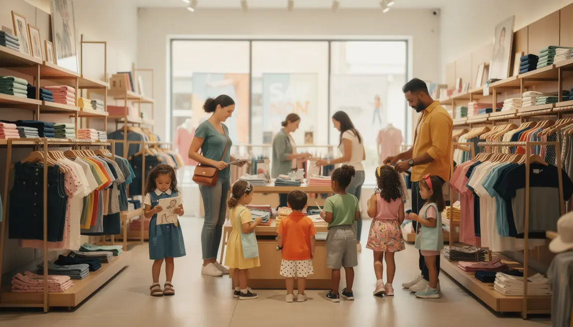 Parents enfants magasin vêtements ambiance chaleureuse rayons colorés