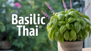 Basilic thaï, feuilles vertes et tiges violettes sur balcon