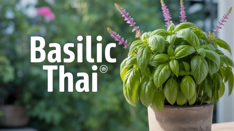 Basilic thaï, feuilles vertes et tiges violettes sur balcon