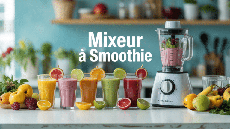 mixeur à smoothie sur une table avec verres pleins et fruits