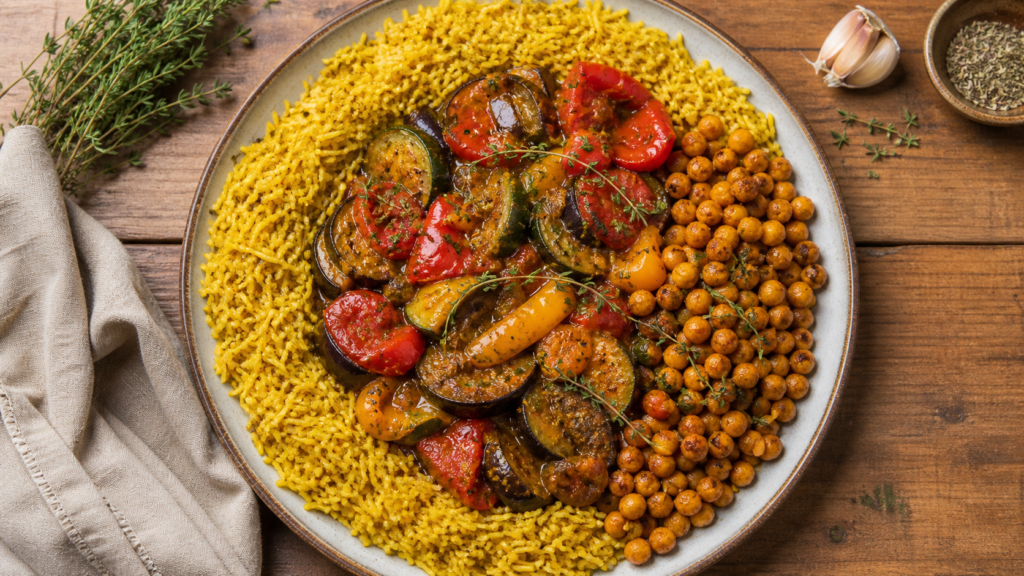 Accompagnement ratatouille, ratatouille fumante avec riz et pois chiches