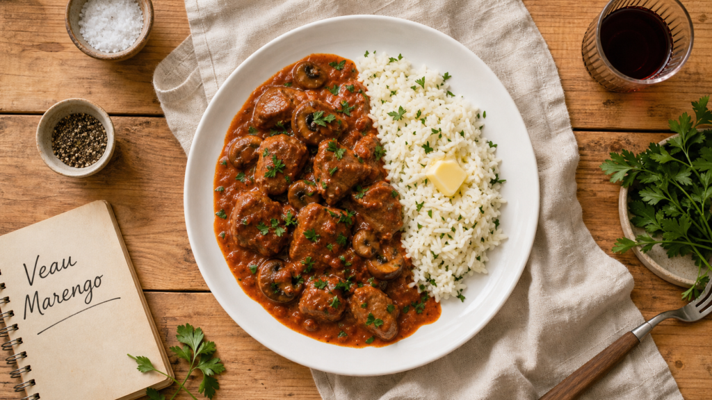 Accompagnement pour veau marengo : pilaf de riz aux herbes et beurre brillant
