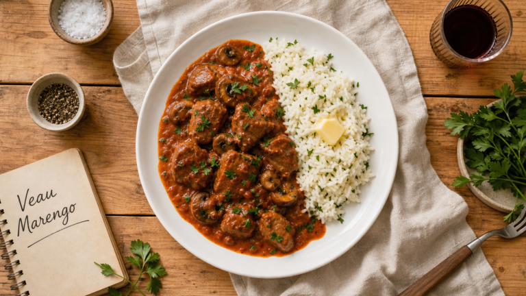 Accompagnement pour veau marengo : pilaf de riz aux herbes et beurre brillant