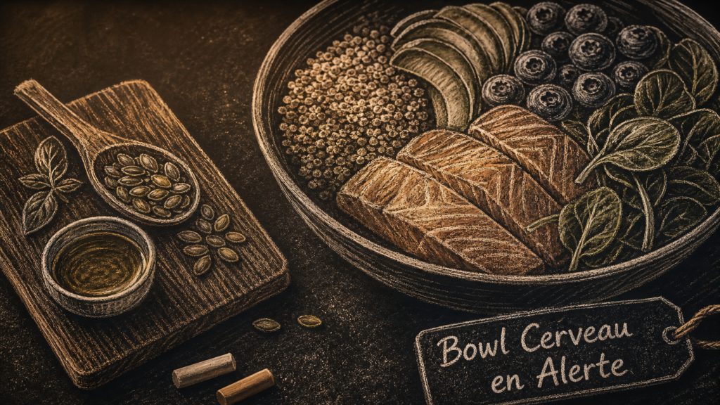 Aliment bon pour la mémoire : bowl saumon avocat épinards myrtilles, graines de courge et huile de colza