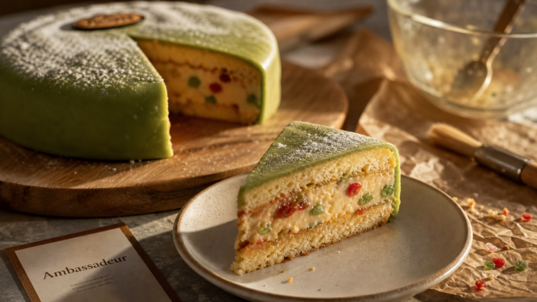Ambassadeur gateau : tranche de génoise au kirsch, crème et pâte d’amande verte, fruits confits.