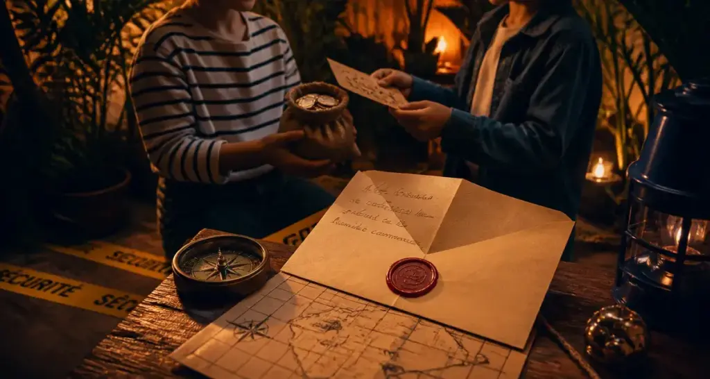 Chasse au tresor enfant : coin salon en jungle, lettre et carte avec boussole