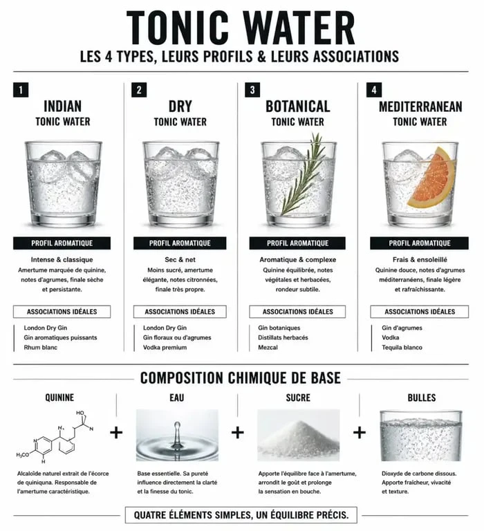 Infographie comparative des différents types de tonic water et de leur composition