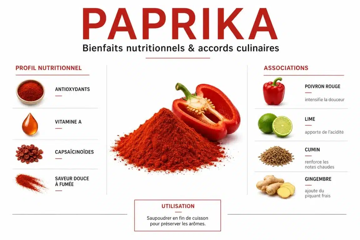 Infographie sur les bienfaits nutritionnels et les meilleures associations culinaires du paprika