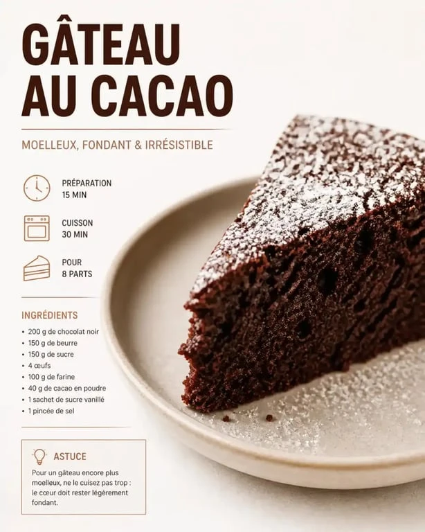 Gâteau au cacao moelleux fait maison, recette simple et rapide