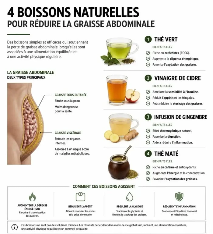 Infographie des bienfaits des boissons pour perdre du ventre et réduire la graisse abdominale