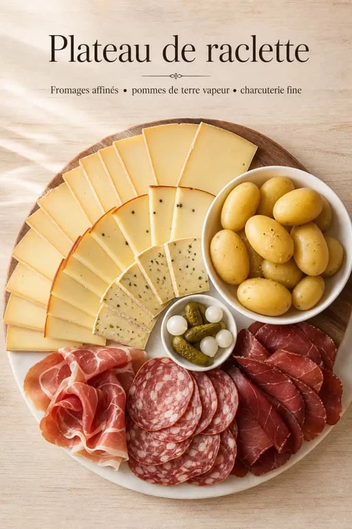 Plateau de fromage à raclette et accompagnements pour une soirée conviviale
