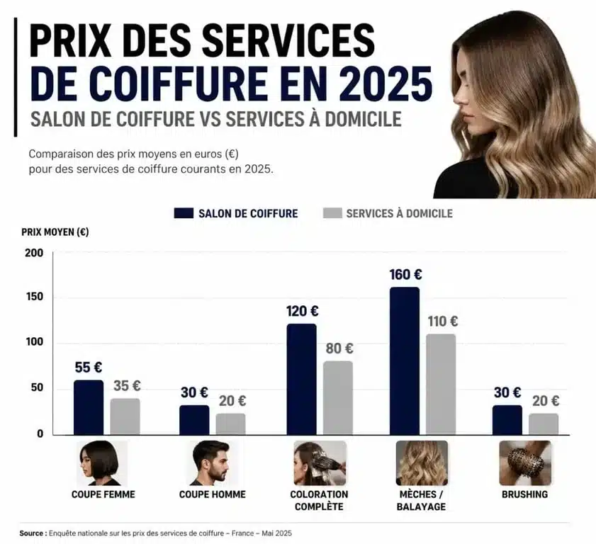 Infographie comparative des tarifs de coiffure 2025 en salon et à domicile
